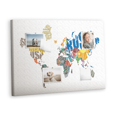 Quadro de aviso de cortiça Mapa de texto do mundo