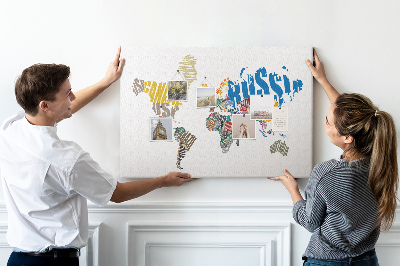 Quadro de aviso de cortiça Mapa de texto do mundo