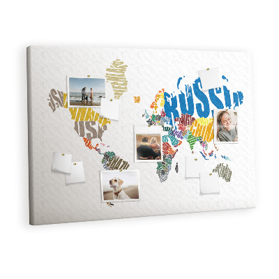 Quadro de aviso de cortiça Mapa de texto do mundo