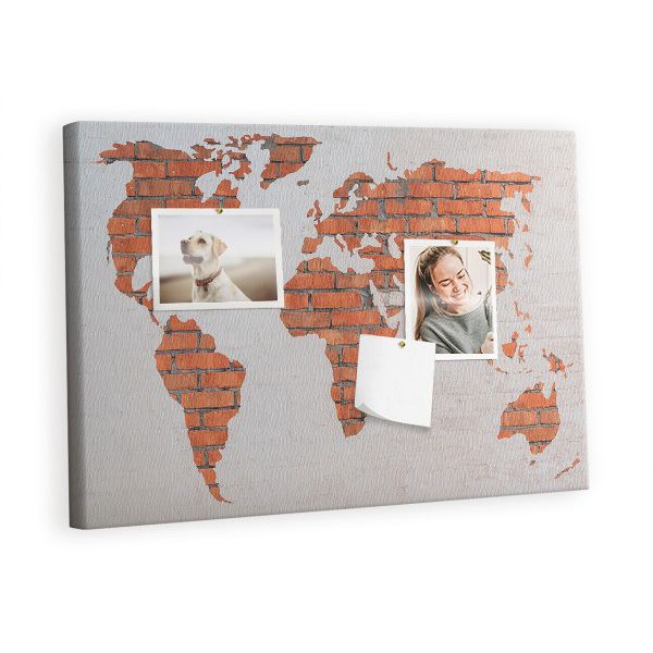 Quadro de aviso de cortiça Mapa-múndi de tijolos