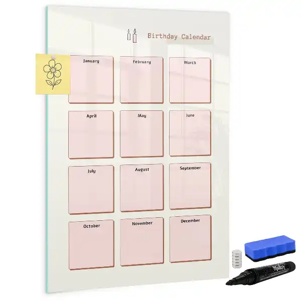 Calendário de aniversários com quadro magnético de apagar a seco com superfície magnética apagável