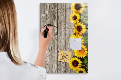 Quadro magnético de apagar a seco estampa de girassóis na madeira