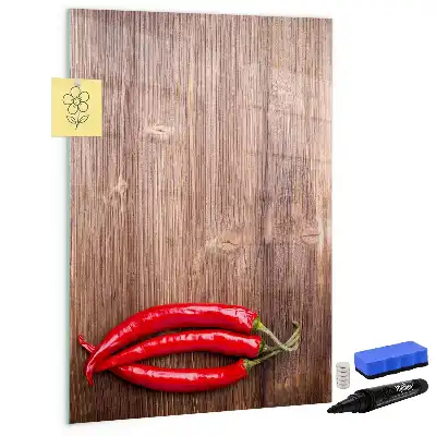 Quadro magnético de apagar a seco estampa de pimentas em tábua de madeira