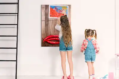 Quadro magnético de apagar a seco estampa de pimentas em tábua de madeira