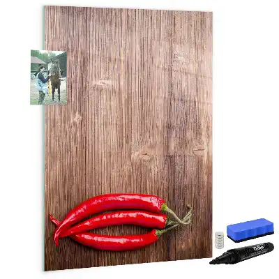 Quadro magnético de apagar a seco estampa de pimentas em tábua de madeira
