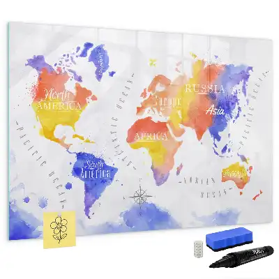 Quadro magnético para desenhar estampa de mapa-múndi em aquarela