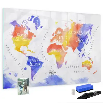 Quadro magnético para desenhar estampa de mapa-múndi em aquarela