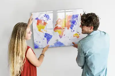 Quadro magnético para desenhar estampa de mapa-múndi em aquarela