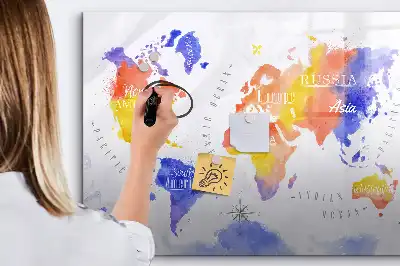 Quadro magnético para desenhar estampa de mapa-múndi em aquarela