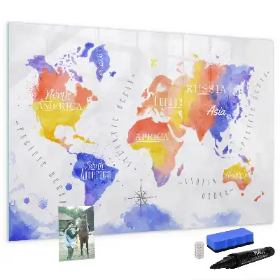 Quadro magnético para desenhar estampa de mapa-múndi em aquarela