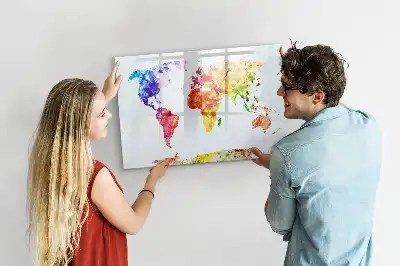 Quadro magnético para desenhar com estampa de mapa-múndi em aquarela