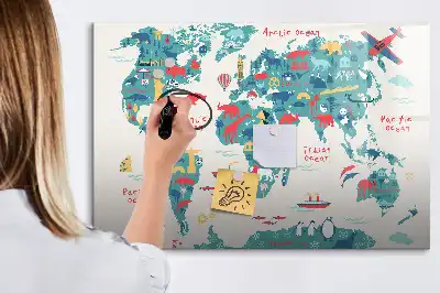 Mapa-múndi ilustrado quadro magnético para desenhar