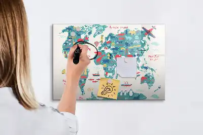 Mapa-múndi ilustrado quadro magnético para desenhar