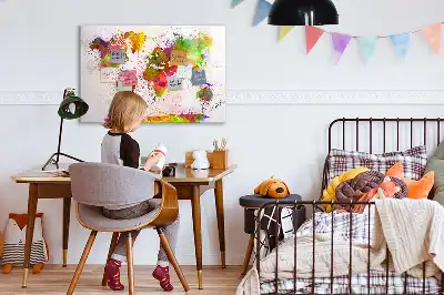 Quadro magnético para desenhar estampa de mapa-múndi em aquarela