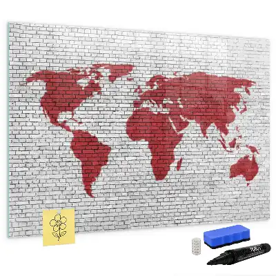 Quadro magnético para desenhar com estampa de mapa-múndi em parede de tijolos