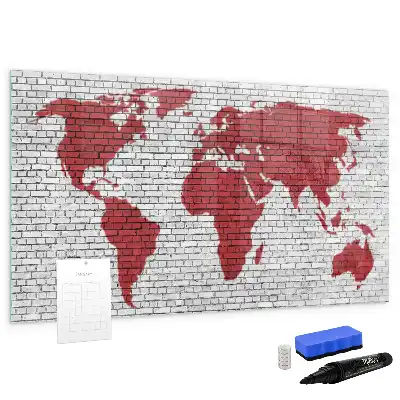 Quadro magnético para desenhar com estampa de mapa-múndi em parede de tijolos