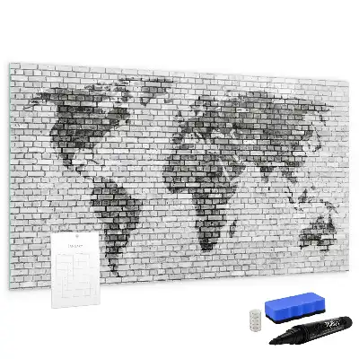 Quadro magnético para escrever com estampa de mapa-múndi em parede de tijolos