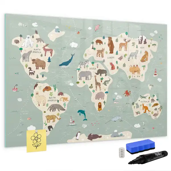 Quadro magnético para escrever mapa-múndi com animais