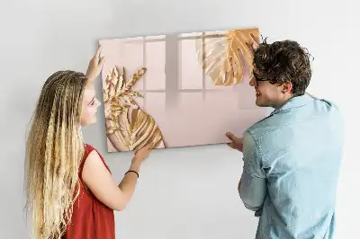 Quadro magnético para escrever com estampa de folhas tropicais douradas