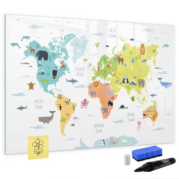Quadro magnético para desenhar com tema de mapa-múndi e animais