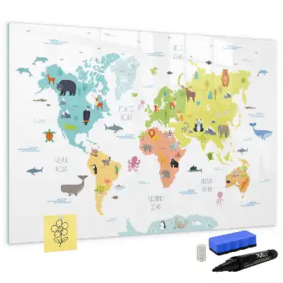 Quadro magnético para desenhar com tema de mapa-múndi e animais