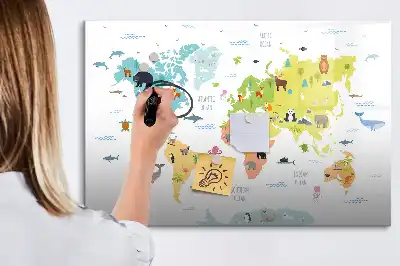 Quadro magnético para desenhar com tema de mapa-múndi e animais