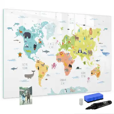 Quadro magnético para desenhar com tema de mapa-múndi e animais