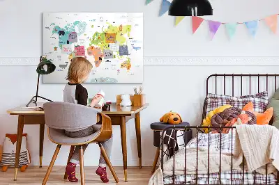 Quadro magnético para desenhar com tema de mapa-múndi e animais