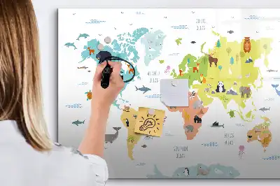 Quadro magnético para desenhar com tema de mapa-múndi e animais