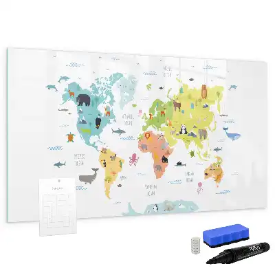 Quadro magnético para desenhar com tema de mapa-múndi e animais