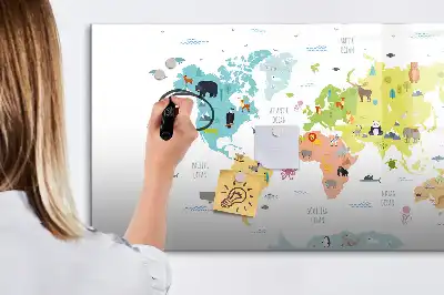 Quadro magnético para desenhar com tema de mapa-múndi e animais