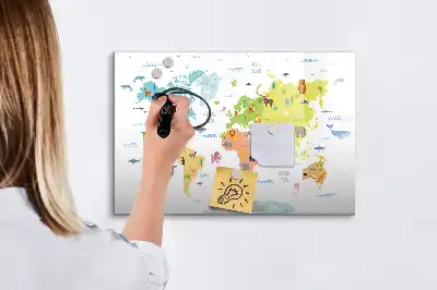 Quadro magnético para desenhar com tema de mapa-múndi e animais