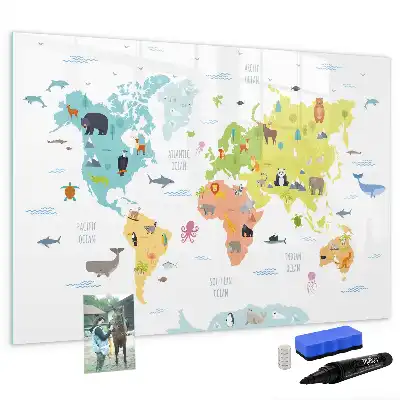 Quadro magnético para desenhar com tema de mapa-múndi e animais