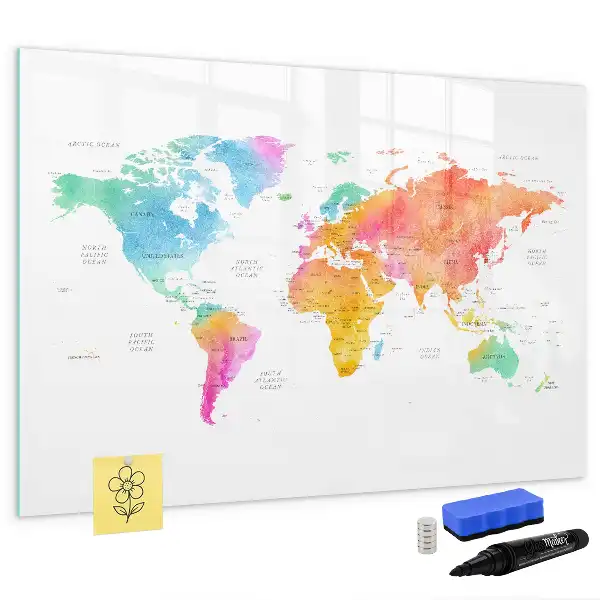 Quadro magnético para desenhar estampa de mapa-múndi em aquarela