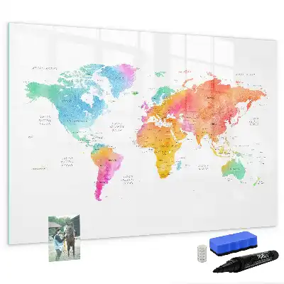 Quadro magnético para desenhar estampa de mapa-múndi em aquarela