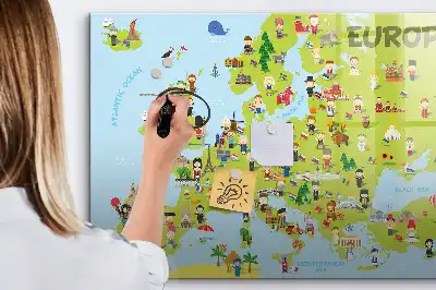 Mapa-múndi magnético com quadro para desenhar e bandeiras
