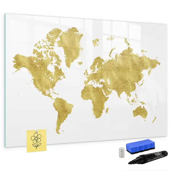 Quadro magnético mapa-múndi com acabamento dourado para escrita