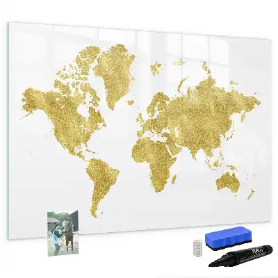 Quadro magnético mapa-múndi com acabamento dourado para escrita