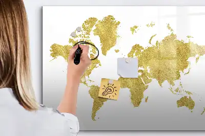 Quadro magnético mapa-múndi com acabamento dourado para escrita