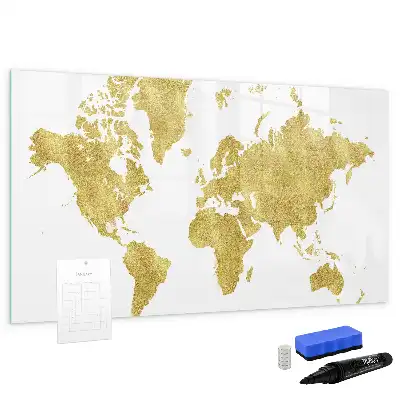 Quadro magnético mapa-múndi com acabamento dourado para escrita