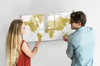 Quadro magnético mapa-múndi com acabamento dourado para escrita