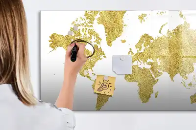 Quadro magnético mapa-múndi com acabamento dourado para escrita