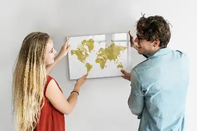 Quadro magnético mapa-múndi com acabamento dourado para escrita