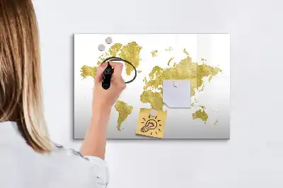 Quadro magnético mapa-múndi com acabamento dourado para escrita