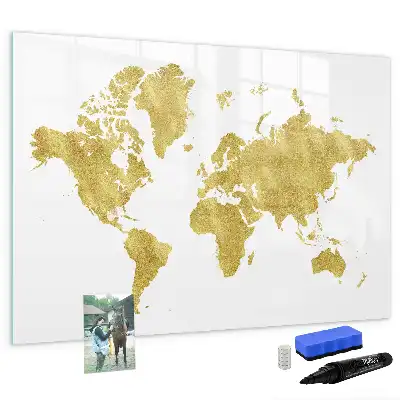 Quadro magnético mapa-múndi com acabamento dourado para escrita