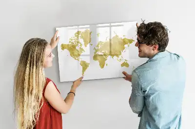 Quadro magnético mapa-múndi com acabamento dourado para escrita