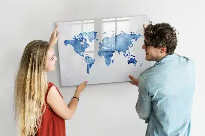 Quadro magnético para desenhar estampa de mapa-múndi em aquarela