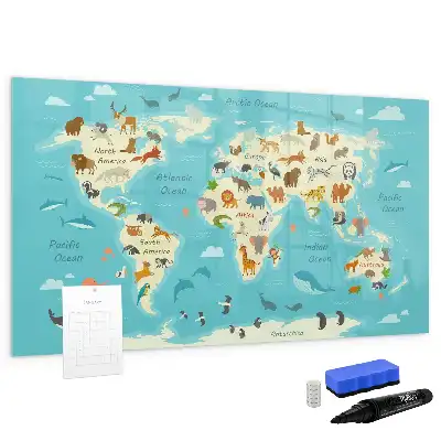 Quadro magnético para escrever mapa-múndi com animais