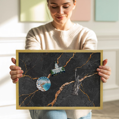Quadro magnético com moldura dourada Mármore escuro decorado