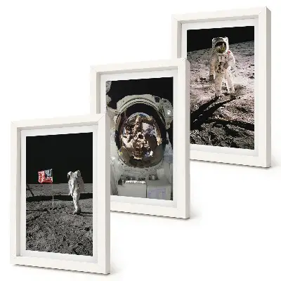 Conjunto de 3 quadros decorativos com fotos de astronautas pousando na Lua
